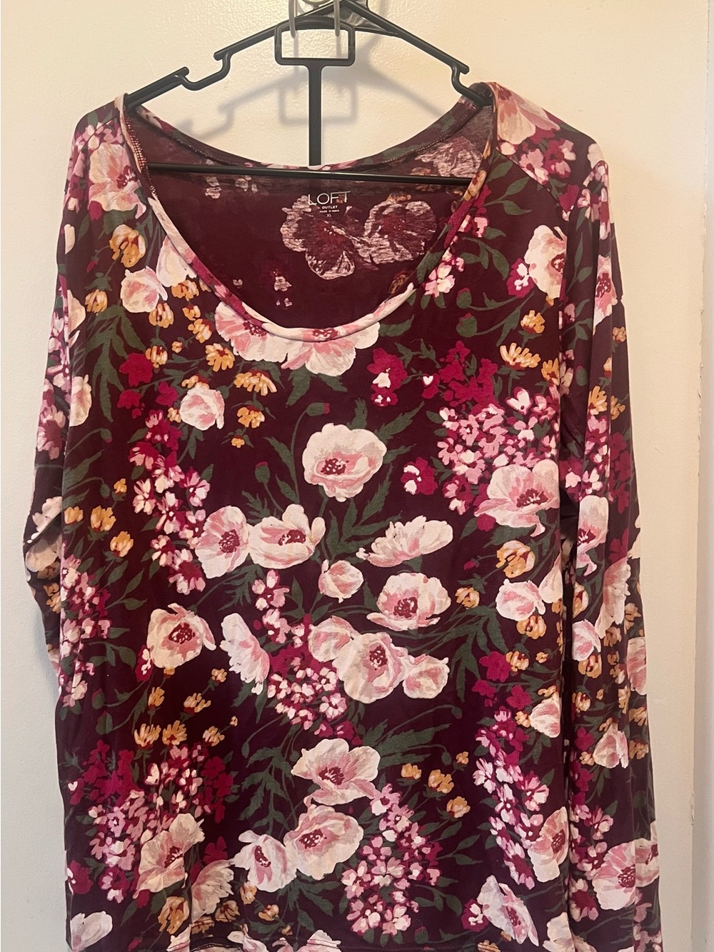 LOFT Floral Scoop Neck Long Sleeve Top - Burgundy, Pink, Green